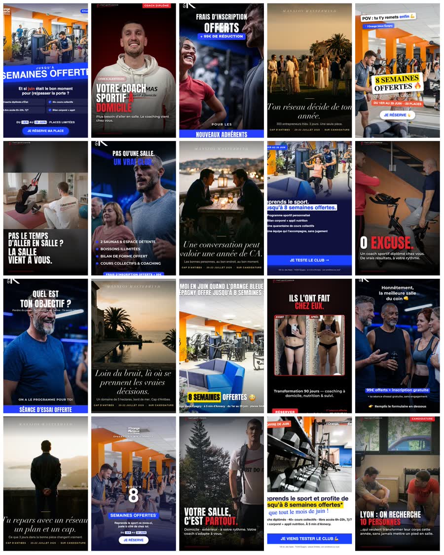 Un échantillon des statiques publicitaires produits par Konnectly pour 4 salles de sport